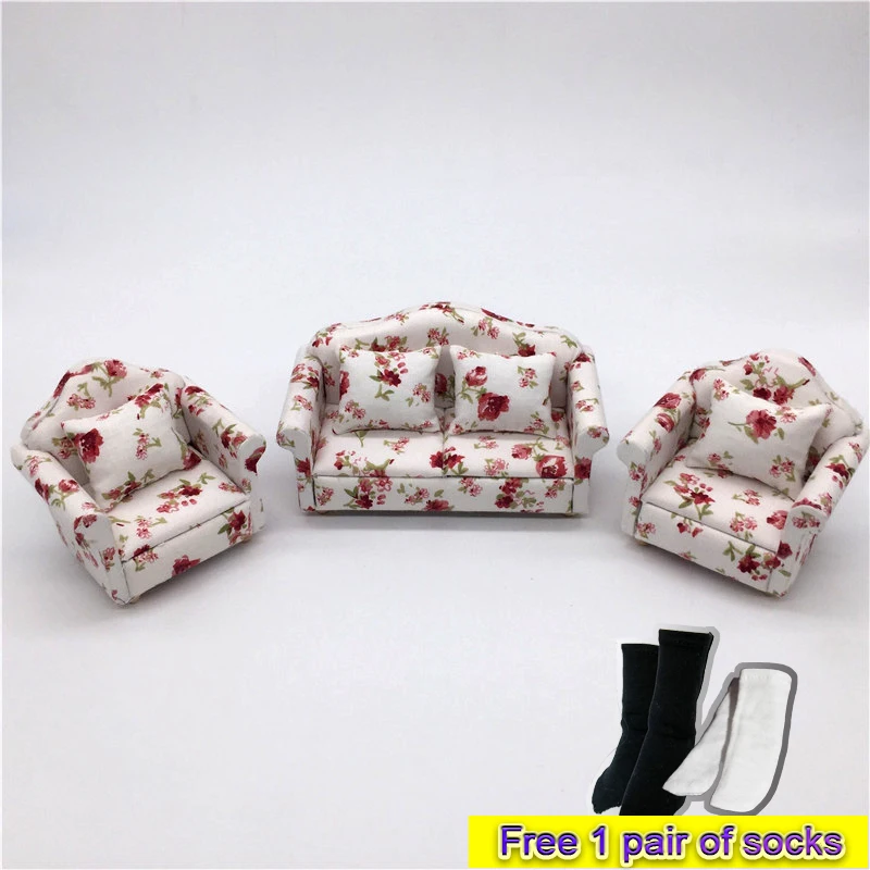 

1:12 Doll House Mini Furniture OB11 Miniature Model Fabric Sofa 3-Piece Set With Pillow BJD Photo Props Room Decoration