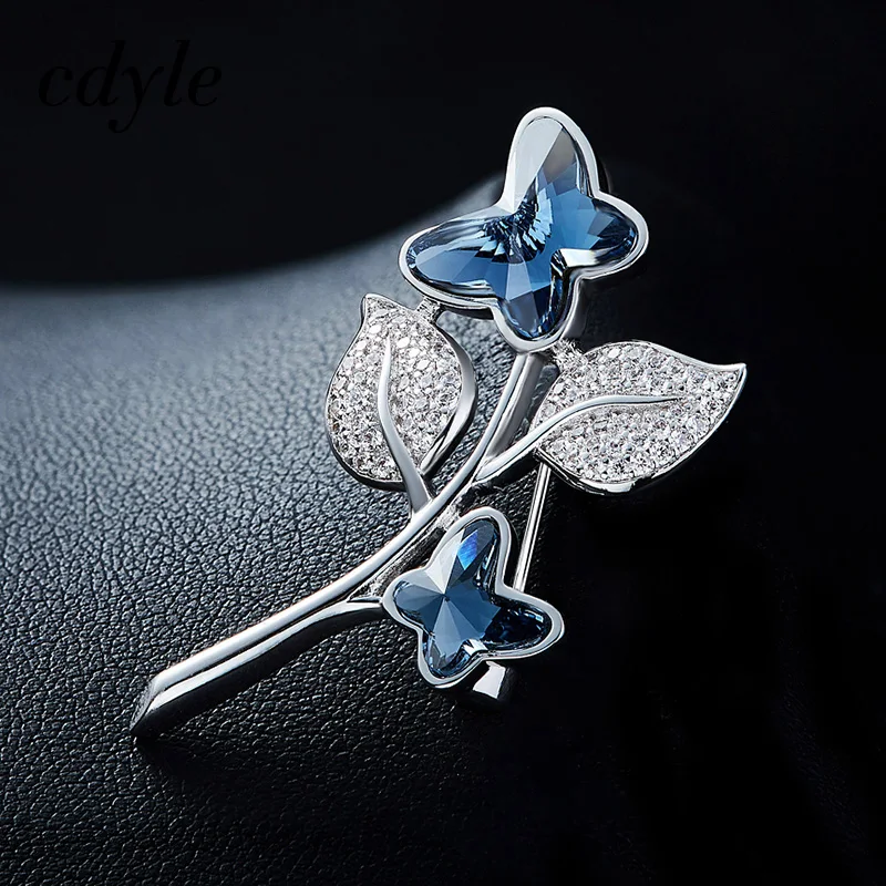 CDE изящная брошь с инкрустированными вручную Цирконом листом бабочкой синим