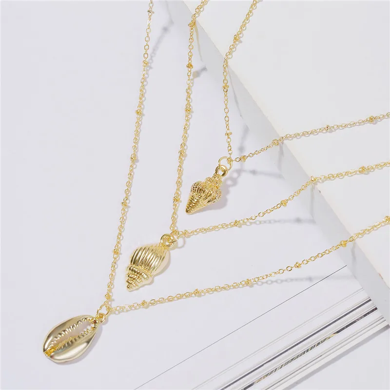 

Fashion Seashell Gold Color Necklace Women Multi Layer Shell Initial Necklace Pendant Beach Accessories Jewelry
