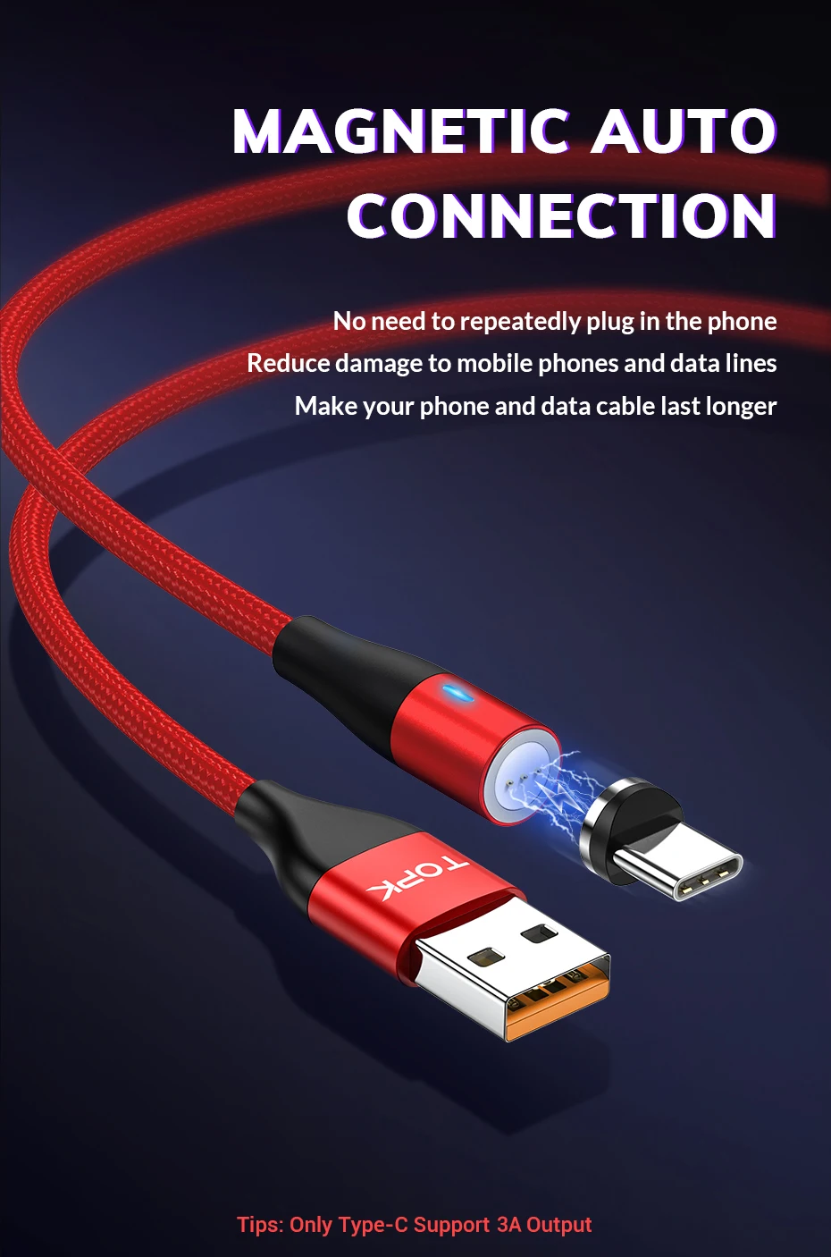TOPK, 1 м, модернизированный, 3 А, магнитный Micro USB кабель для быстрой зарядки телефона, 8 Pin, usb type-C кабель для iPhone, samsung, huawei, Xiaomi