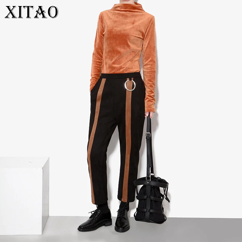 Женская футболка с длинным рукавом [XITAO] черная однотонная теплая воротником