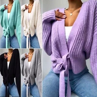 new womens sweater solid color v neck lace up bow sashes jumpers lattern sleeve loose cardigan female autumn knitted coat