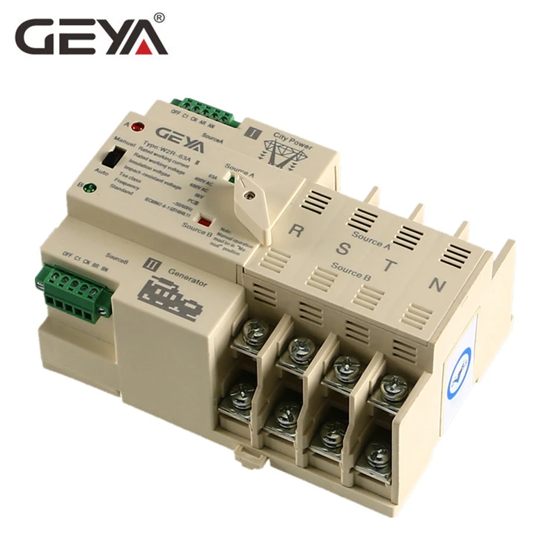 GEYA Din Rail 4P ATS электрический выключатель двойной питания ручной 220 В катушка Max 100A