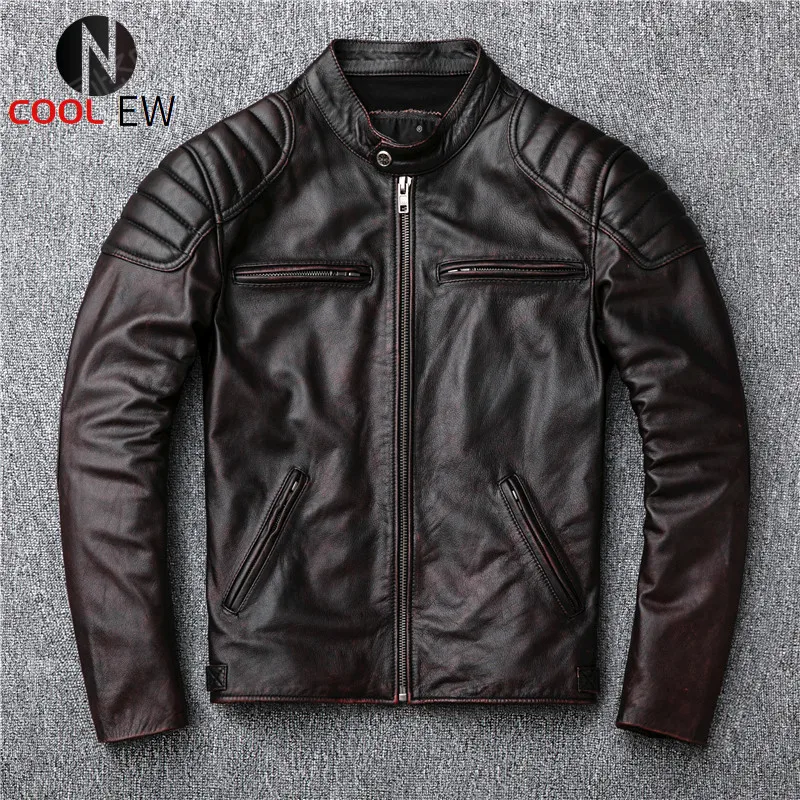 

Free shipping,Brand vintage genuine leather jacket.mens brown motor biker cowhide coat.slim plus size jackets.outwear sales
