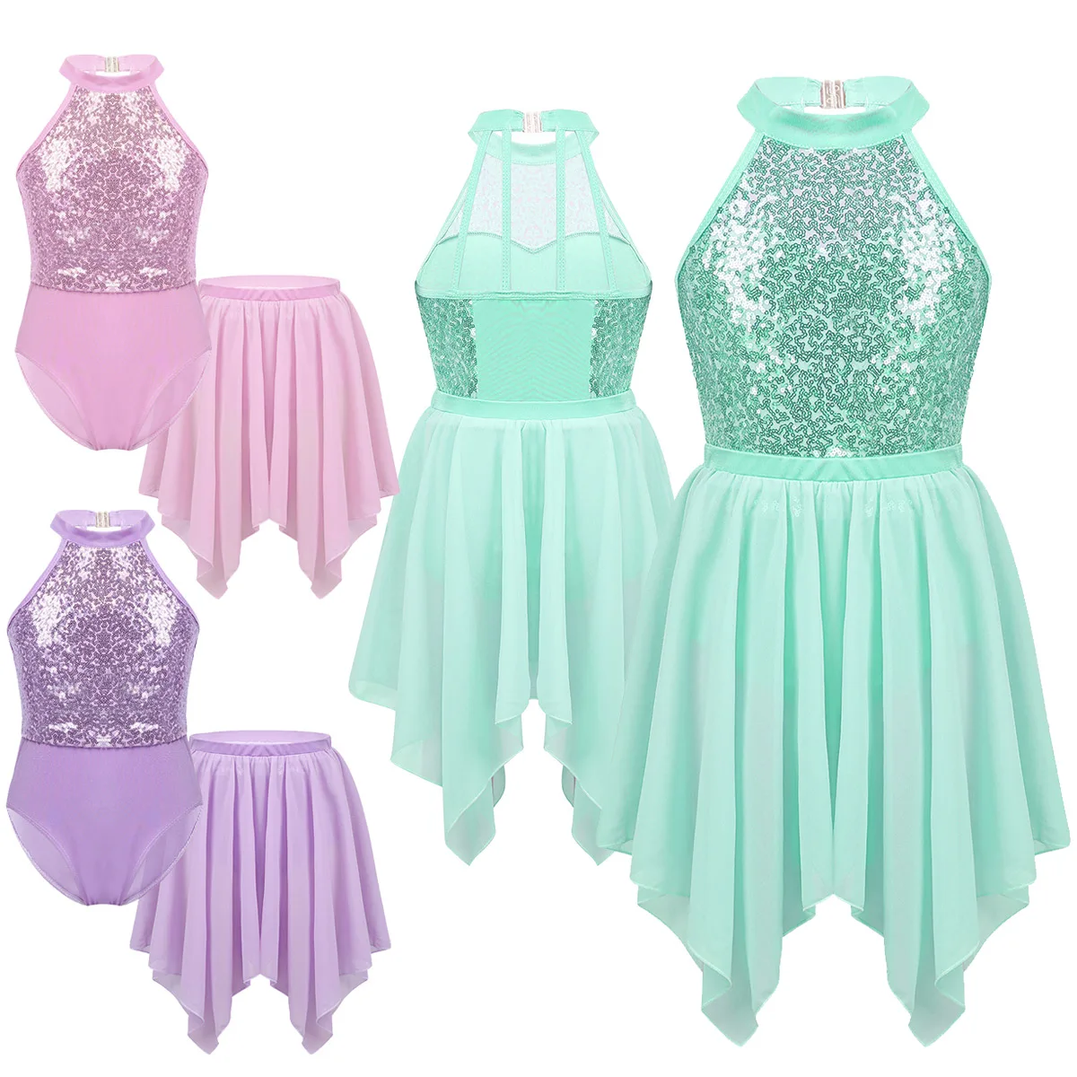 Шифоновый балетный купальник для девочек с блестками воротником холтером И