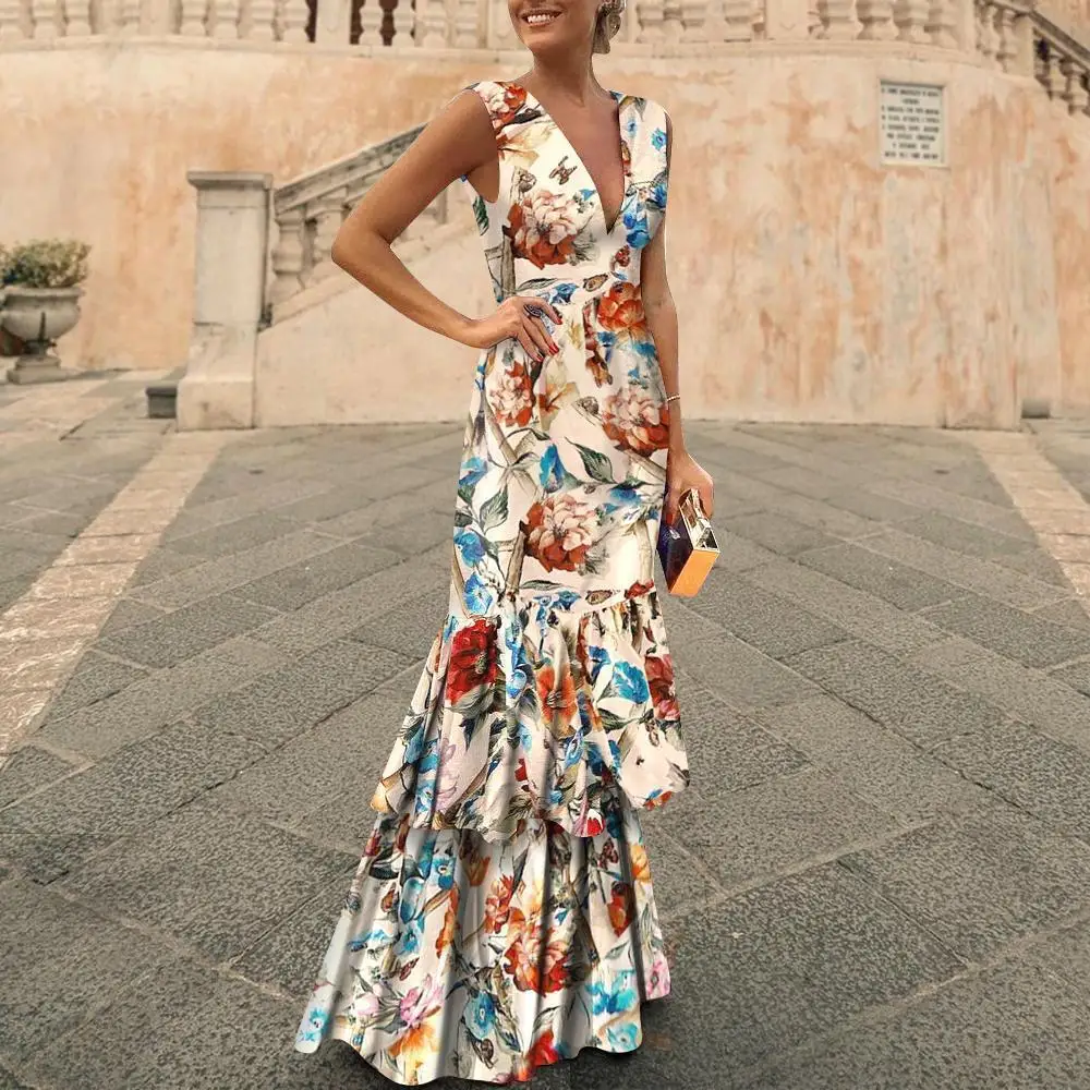 

Bohemian Dress Lady Summer Sleeveless V-neck Slim Floor-Length Dress Maxi Dresses for Women Floral Print Cascading Ruffle Dress