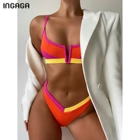 ingaga sexy bikinis ribbed swimwear womens swimsuit push up bathing suit 2021 solid patchwork biquini thong high cut bikini set