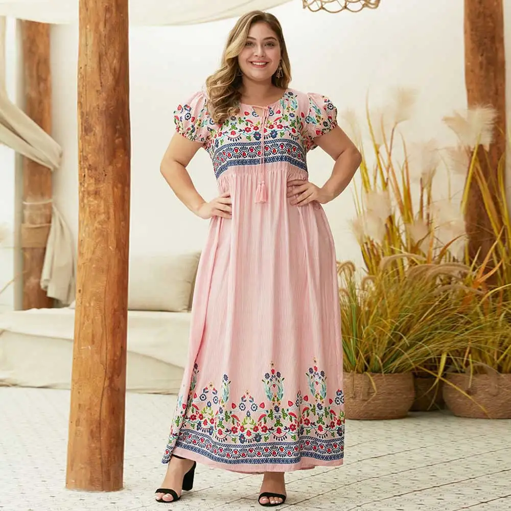Макси-платье размера плюс с цветочным принтом для женщин лето-осень короткий