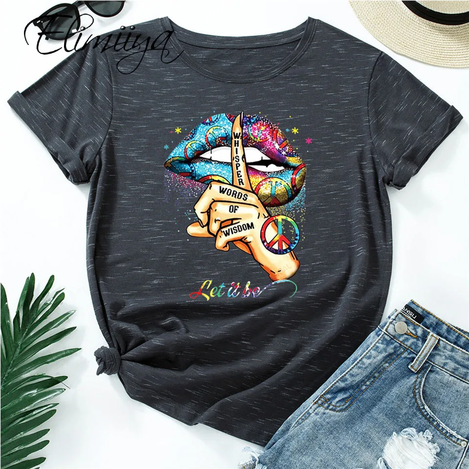 

Elimiiya Creative Lip Print Loose Round Neck Short Sleeve T-shirt Summer Women Cotton Funny Tshirts Oversized Tops Graphic Tee