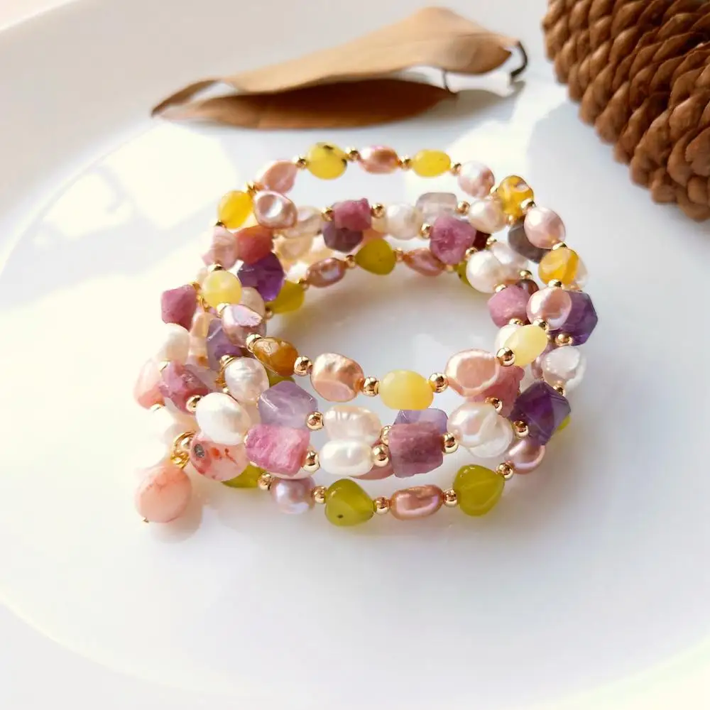 

Lii Ji 6-7mm Small Baroque Pearl Bracelet Amethyst Lemon Jade Pink Tourmaline Carnelian Elastic Bracelet For Women or Girl