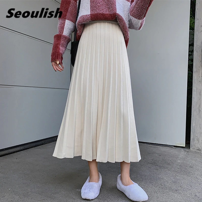 

Seoulish Autumn Winter Thicken Warm Knitting Pleated Skirts New 2021 Women Solid High Waist Umbrella Skater Long Skirts Female