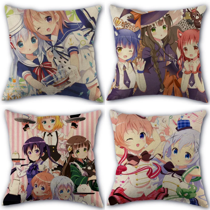 

45x45 см наволочка для подушки Gochuumon wa Usagi Desu ka квадратные Наволочки на молнии из хлопка и льна наволочки для спальни домашняя декоративная нав...