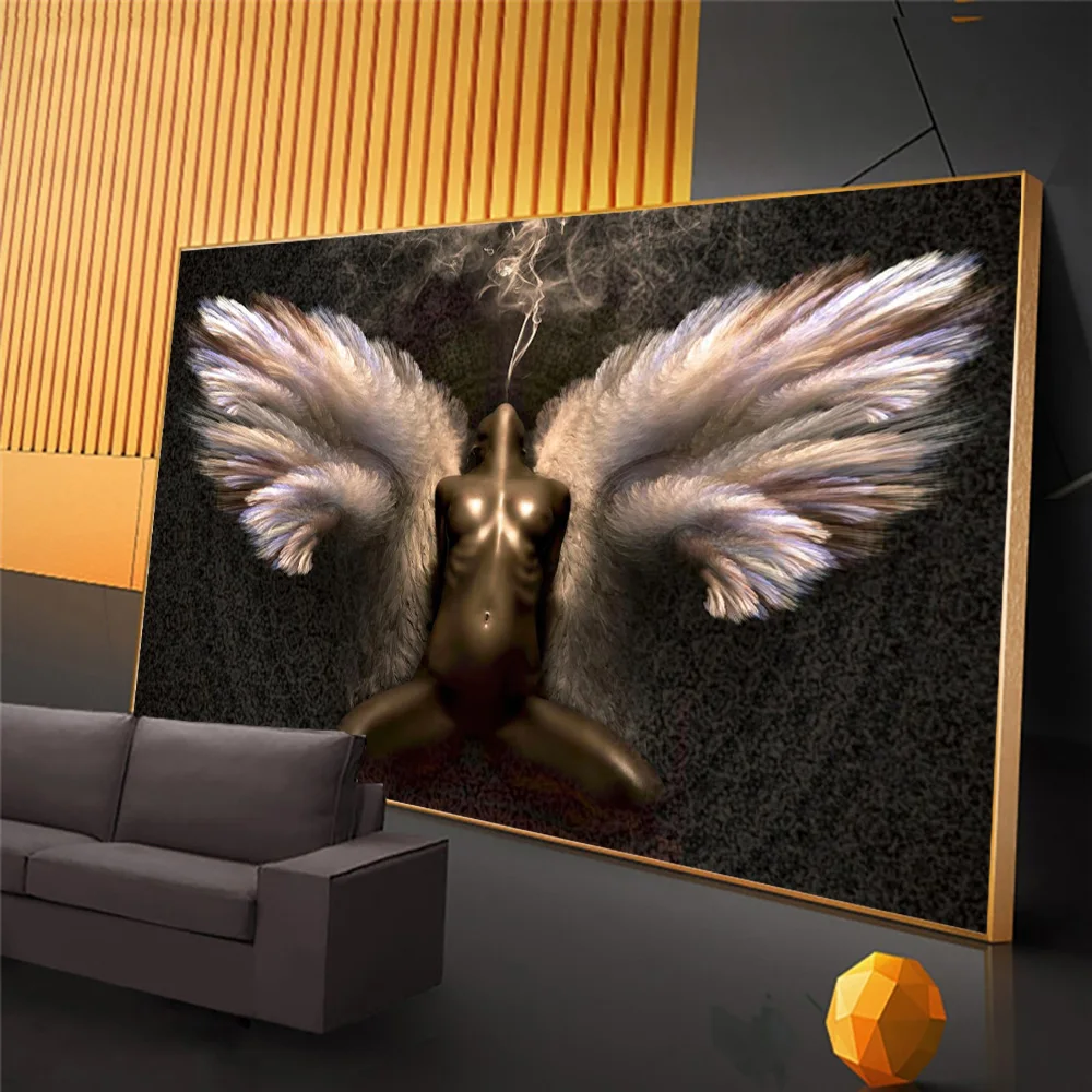 

Fantasy Naked Angel Canvas Print Abstract African Woman With Wings Wall Art Poster Painting For Living Room Modern Decoration