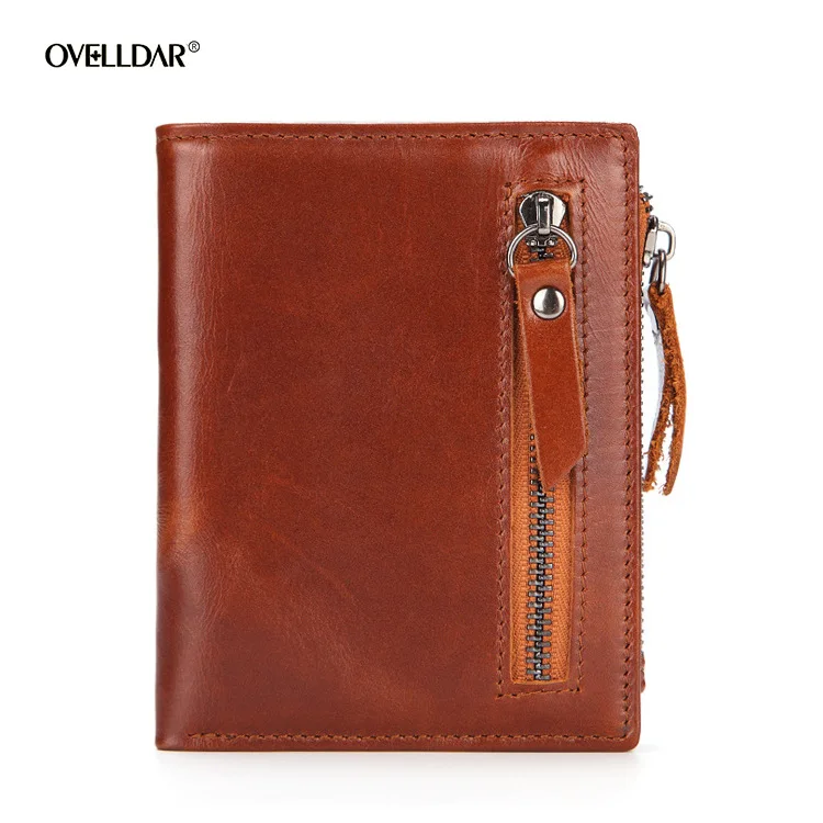 Spot Hot Genuine Leather Wallet Men's Short Wallet Multi-function Zipper Bag Oil Wax Cowhide Card Bag Birthday Gift