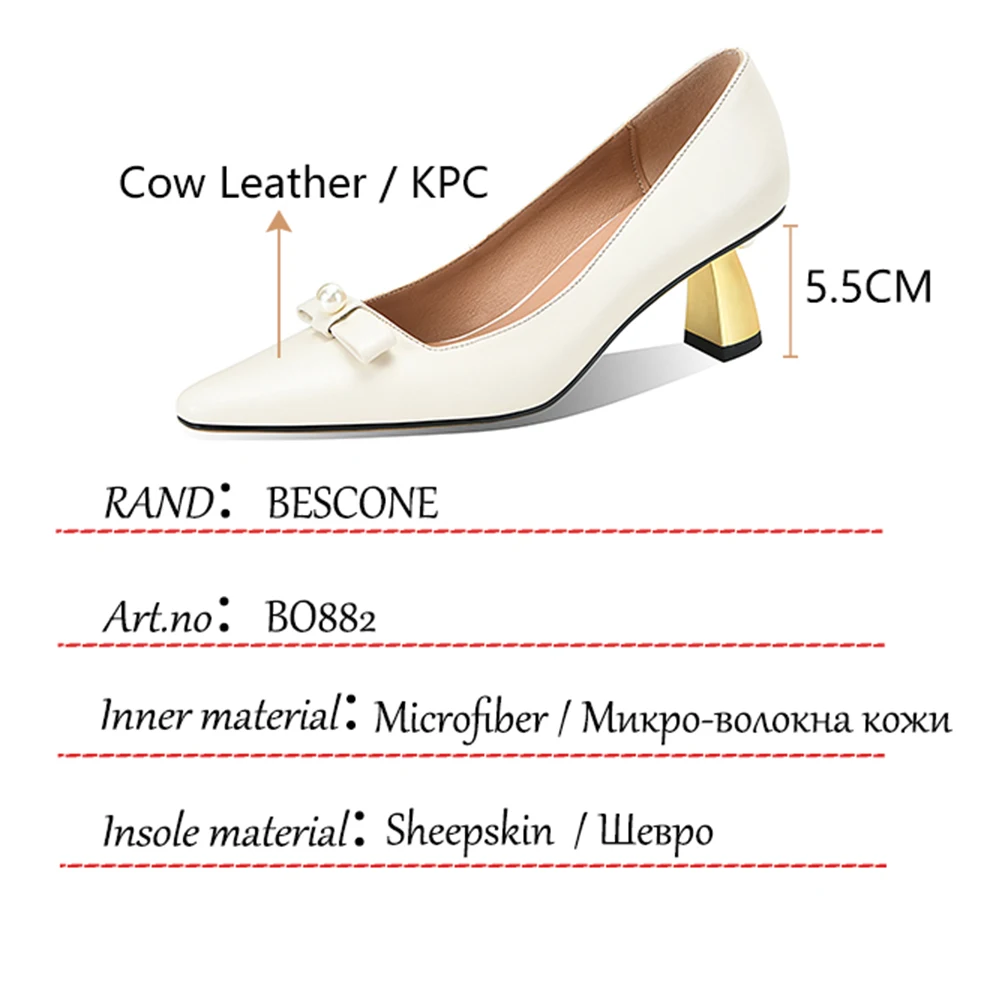 

BESCONE Pumps Women Pearl Butterfly-Knot Genuine Leather High Quality Shoes Comfort All-Match Casual Office Ladies Shoes BO882