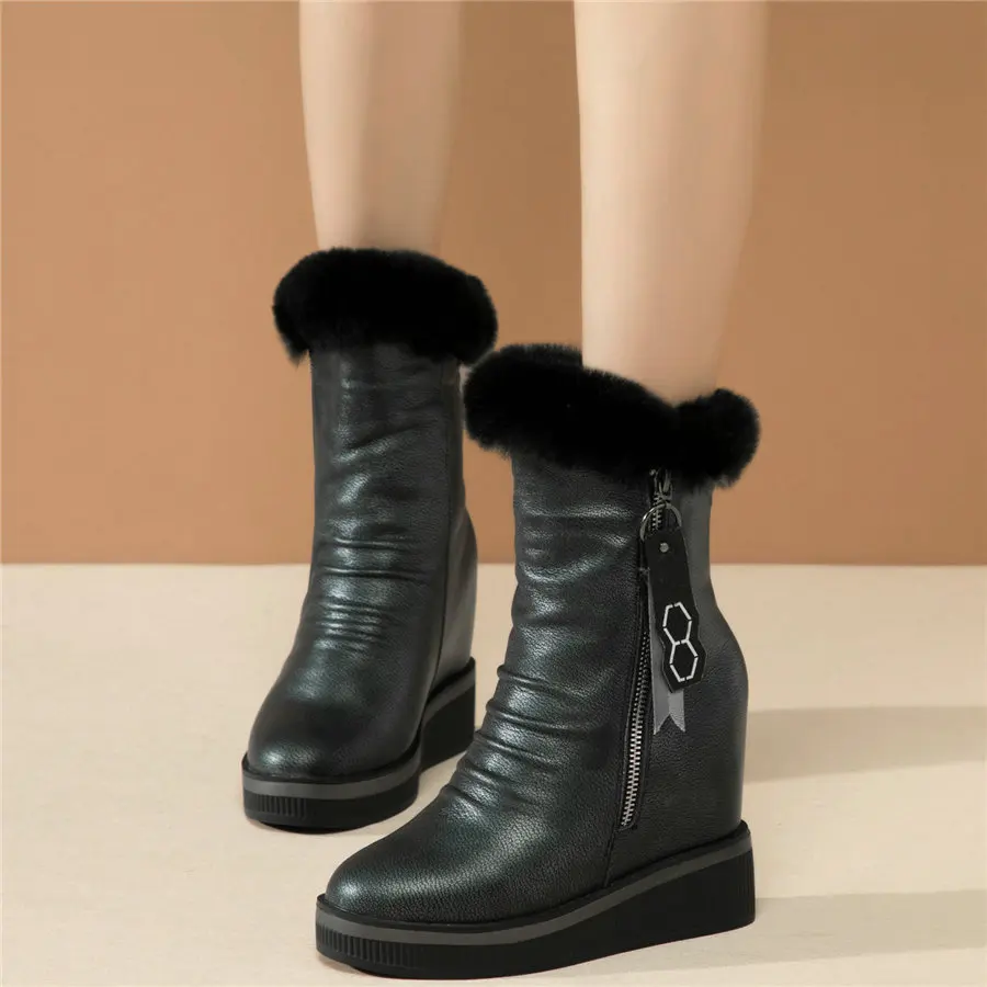

Winter Casual Shoes Women Cow Leather Wedges High Heel Pumps Shoes Female Warm Rabbit Fur Fashion Sneakers High Top Snow Boots