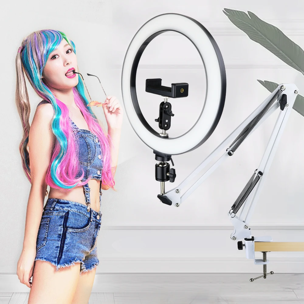 

Dimmable LED Selfie Ring Light With Long Arm Tripod Phone Holder Stand For Makeup Youtube Video Lives Photography Lighting Lamp