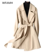 2021 new double sided cashmere coat mid length style loose and fashionable high end woolen coat women polyester full solid