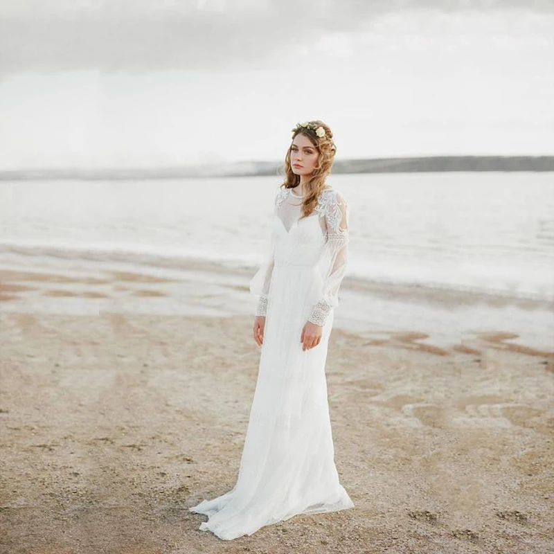 

Latest Arrival Summer Boho Lace Long Sleeve Wedding Dress for Bride Jewel Neck Bridal Wedding Gowns Illusion Back Appliqued