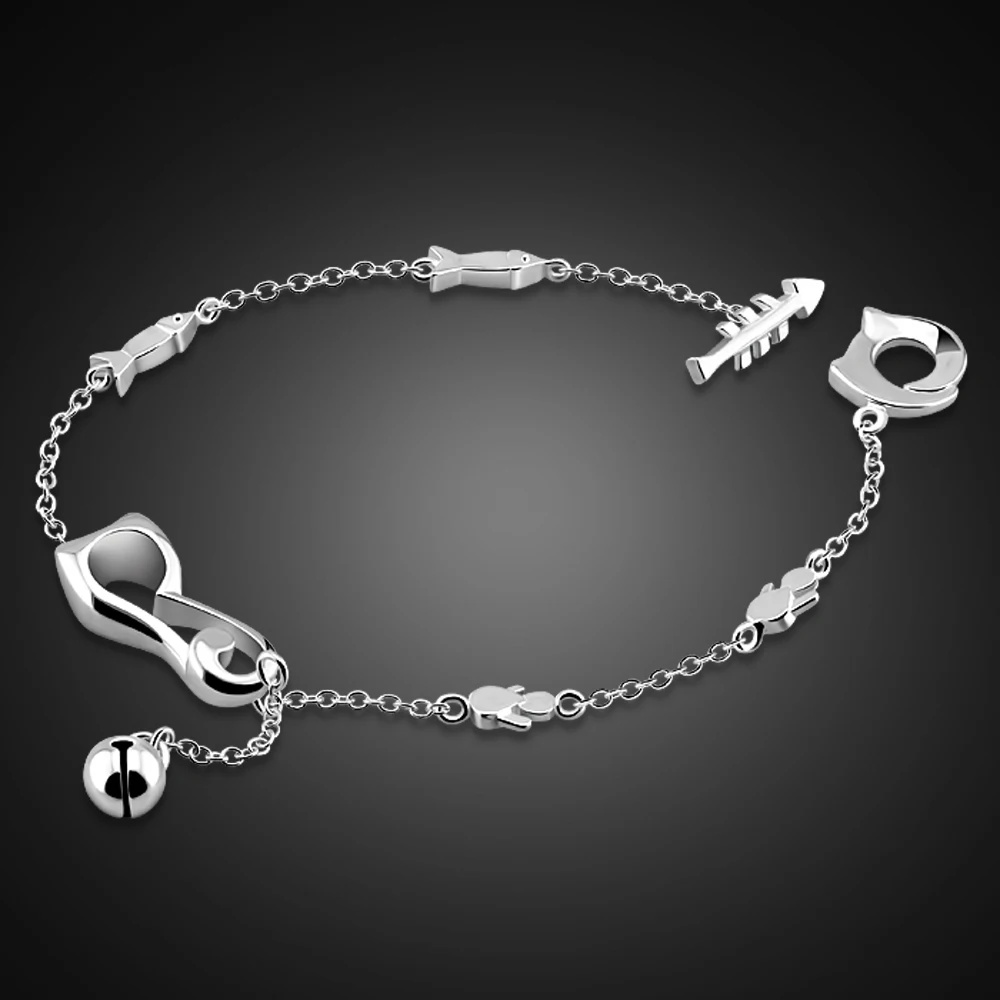 Браслет на ногу женский из серебра 100% пробы с котом 23 см|Анклеты| |