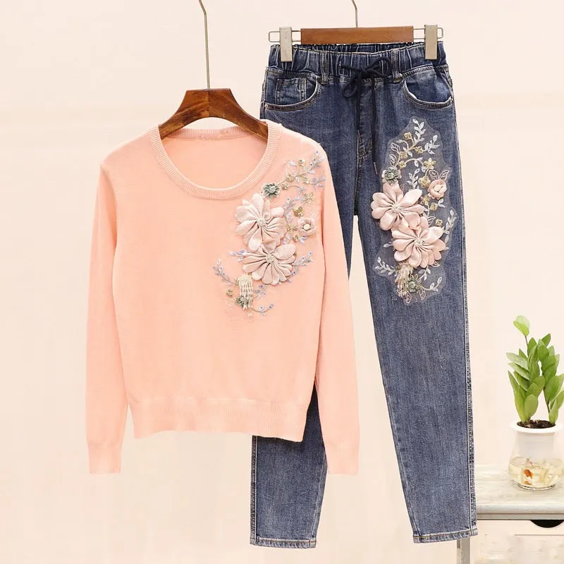 Новый женский повседневный костюм с вышивкой вязаный 3D пуловер в цветочек и