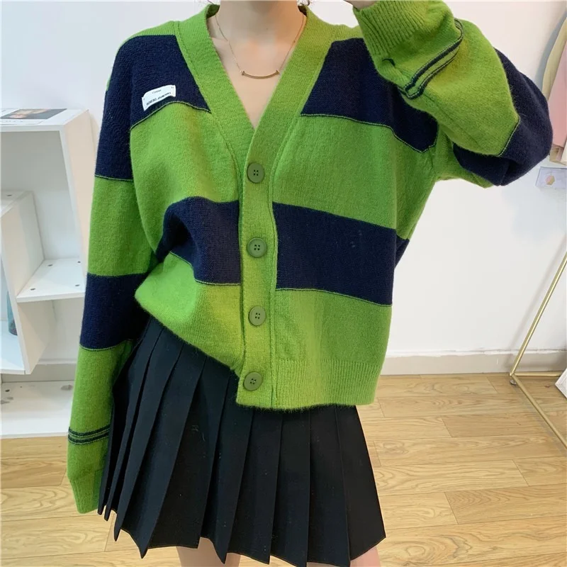 

Green and Black Striped Sweater Women V-Neck Long Sleeve Cardigan Spring Autumn Single Breasted Loose Casual Knitted Sweaters