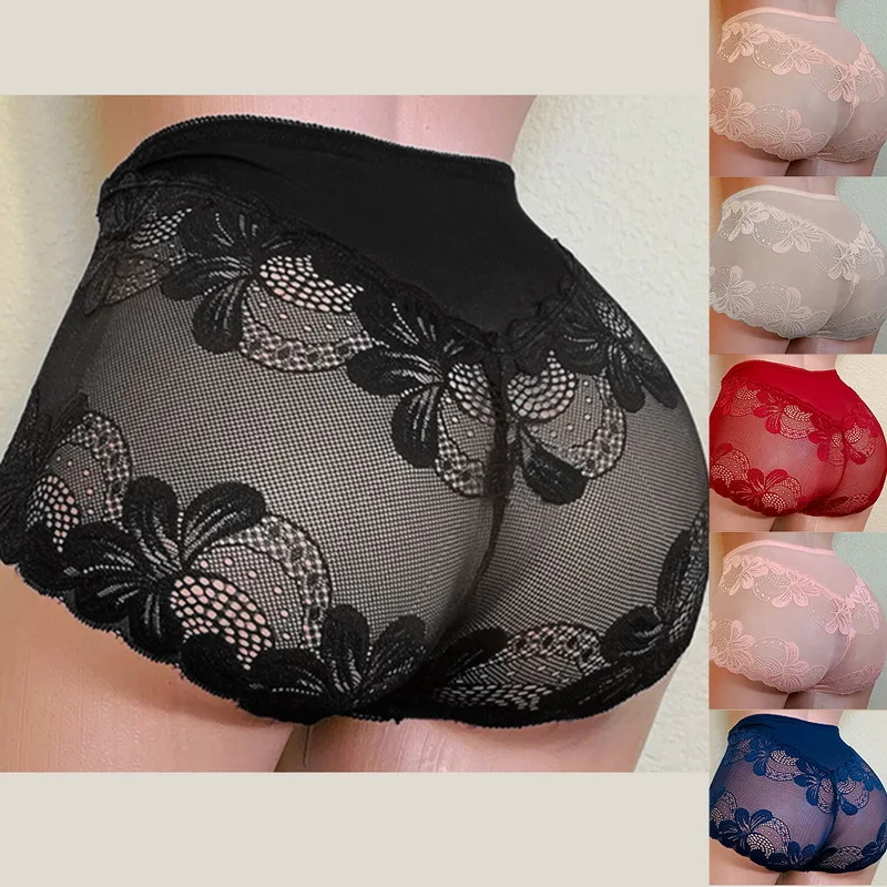 

Sexy Women's Underwear Panties Lace Mid-Waist Briefs High Fit Lingerie Female Translucent Mesh Ladies Underpants Plus Size