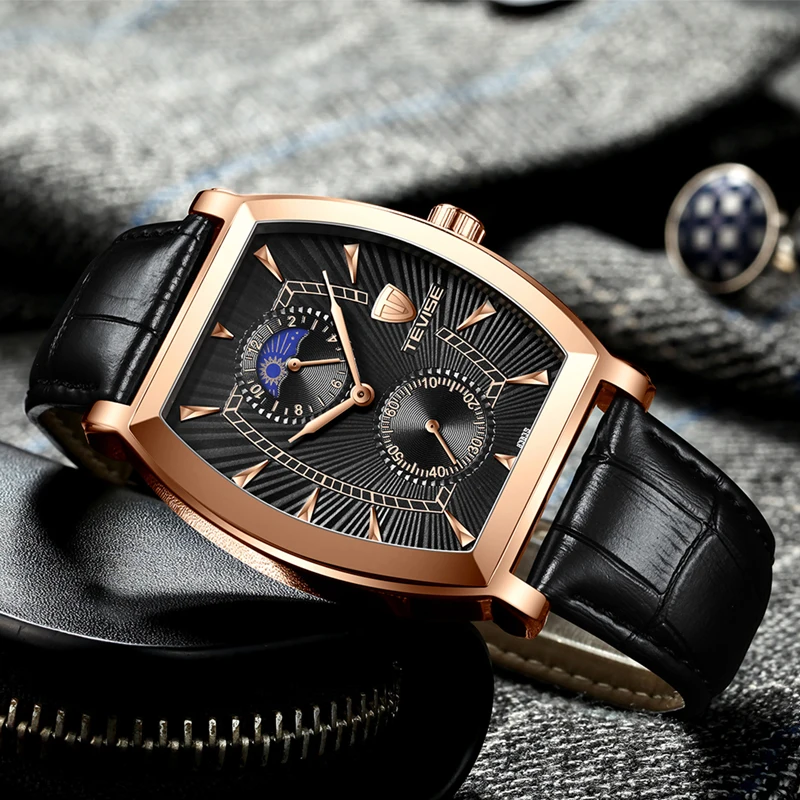 TEVISE 8383S мужские часы Moon Phase настоящие водонепроницаемые кварцевые часы с кожаным ремешком Мужские повседневные наручные часы Relogio Masculino