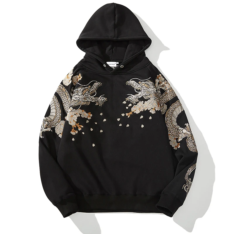 

Aolamegs Men's Hip Hop Hoodies Chinese Dragon Embroidery Sweatshirt Autumn Harajuku Hooded Pullover High Street Loose Streetwear