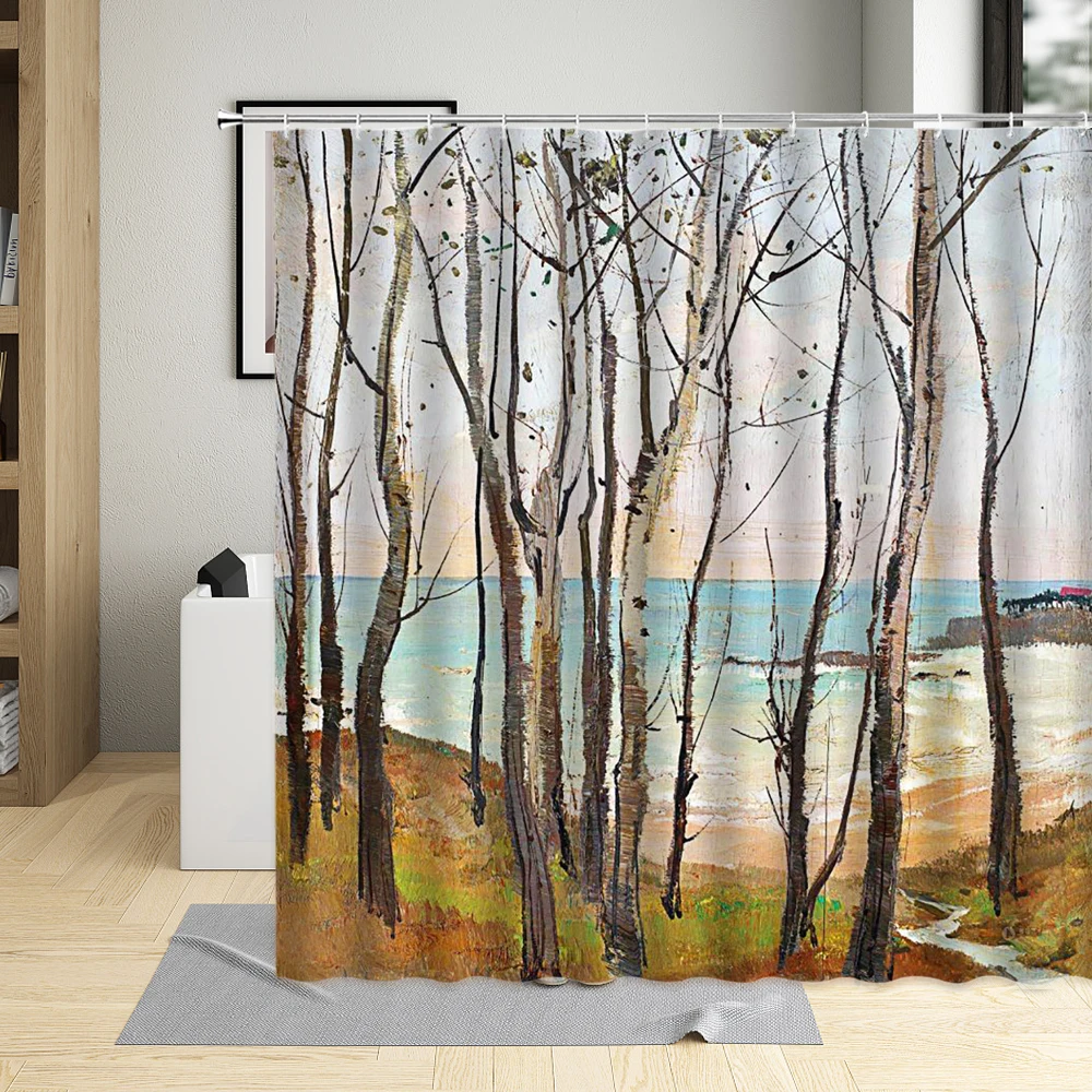

Oil Painting Scenery Forest Lake Shower Curtains Autumn Tree Creek Abstract Landscape Bathroom Curtains For Art Decor With Hooks