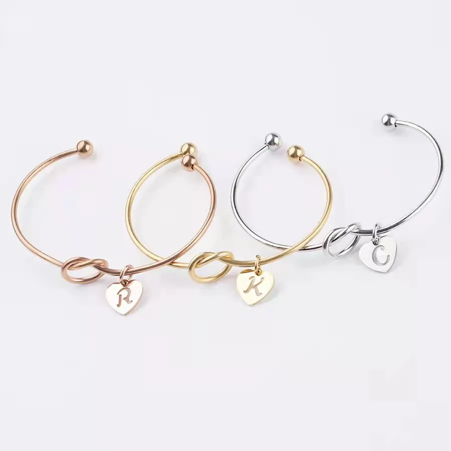 Customized A-Z Charm Bracelet Stainless Steel Personalized Love Knotted Open Bracelet Girl Birthday Gift