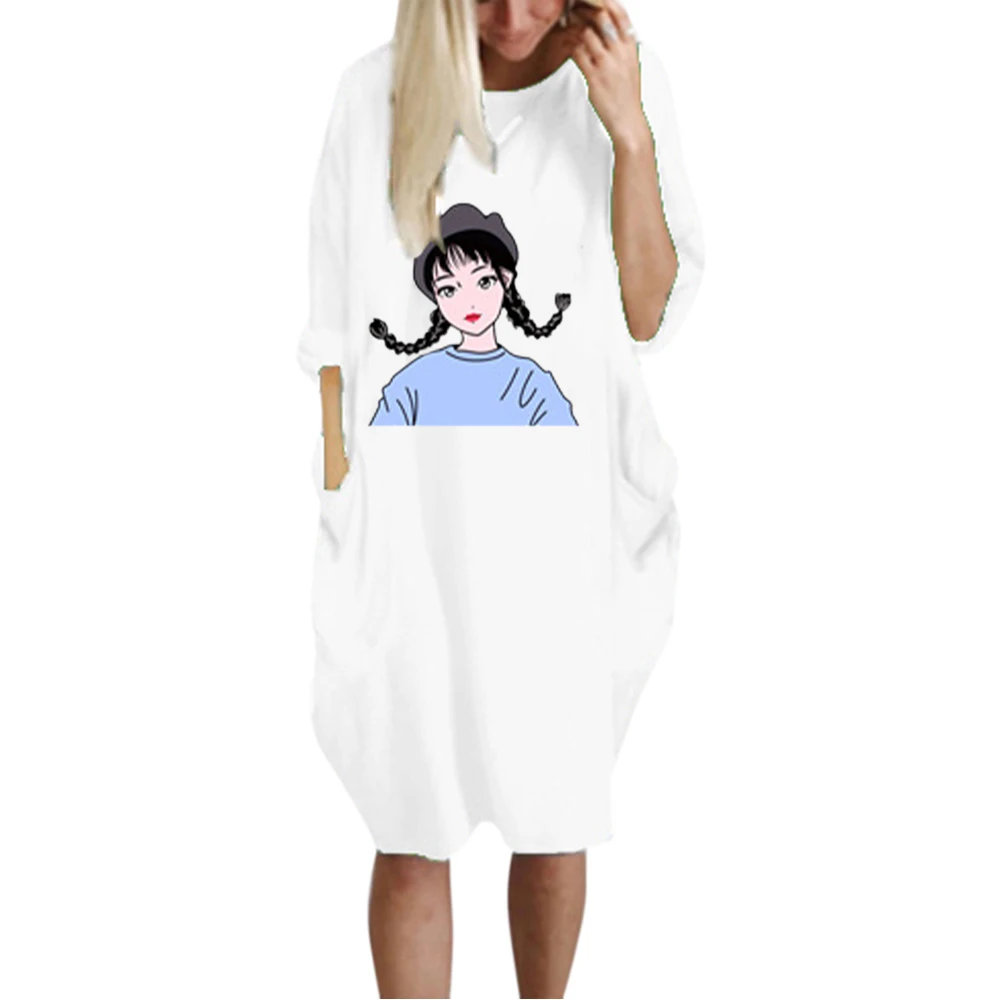 

VICABO Autumn Dress for Women Pockets Round Collar Long Sleeve Casual Loose Lady Outfits Funny Girls Print Dress 5XL