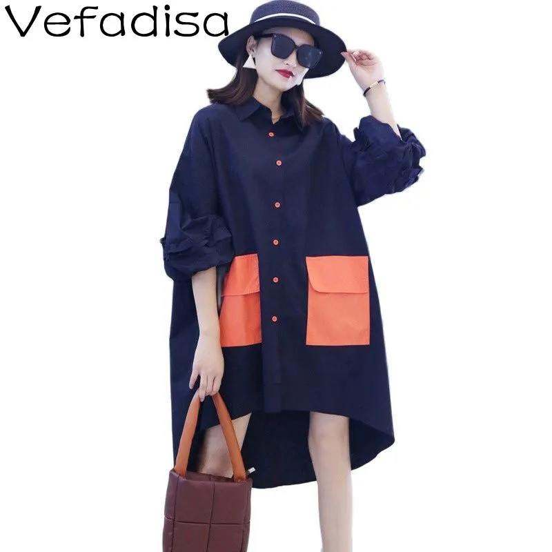 

Vefadisa 2023 весна-осень черно-белое платье-рубашка женское модное платье большого размера с рукавами три четверти неправильной формы ZWL2046A