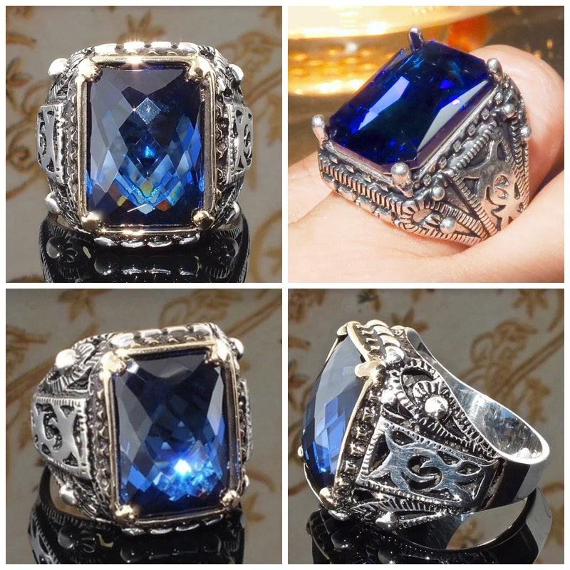 Мужское кольцо в стиле панк турецкое ювелирное изделие с большим синим камнем