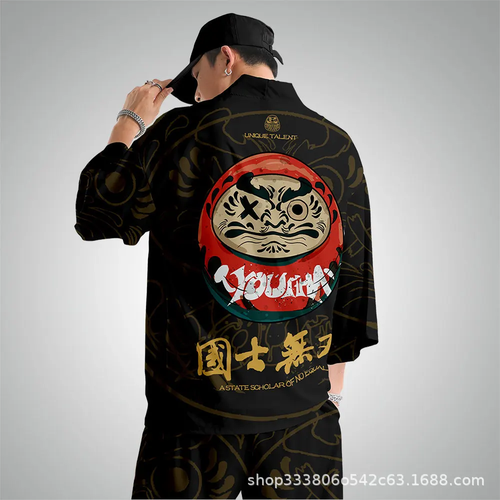 

Men Japanese Black Print Kimono Cardigan Men Samurai Costume Clothing Jacket And Pant Kimono Shirt Harajuku Streetwear