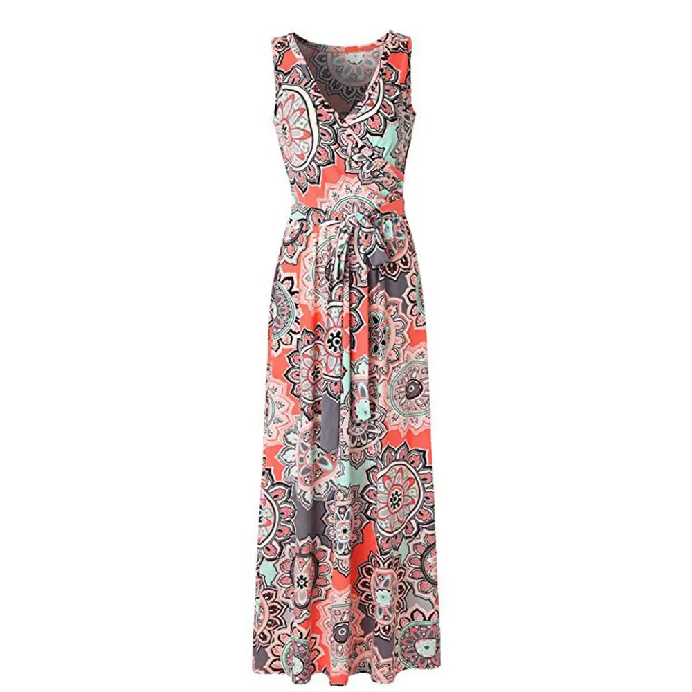 Летнее платье женское без рукавов Бохо цветочный принт длинное Бандажное