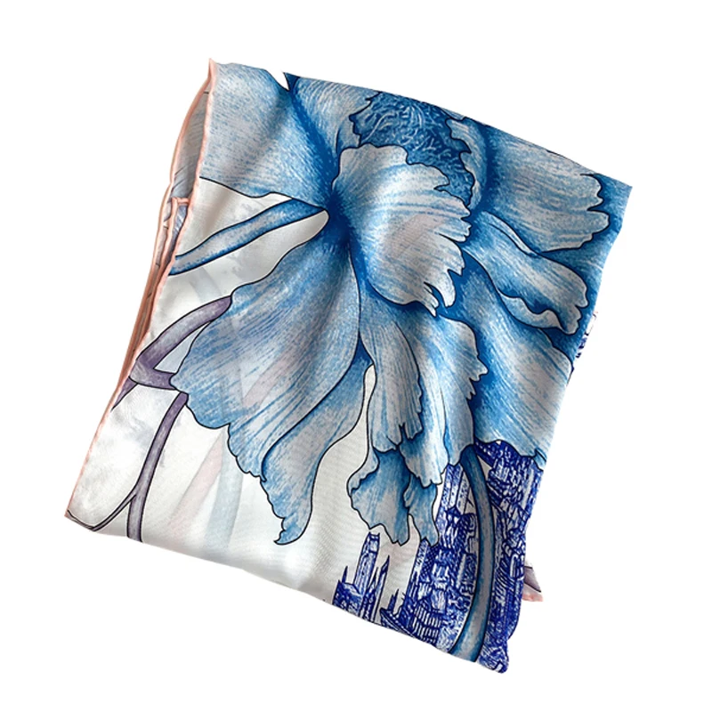 

90*90cm Fashion New Plant Flower Square Scarf Office Women Elegant Small Neck Scarfs Lady Hair Band Hand Kerchief Female Bandana