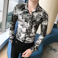 korean slim fit men shirt brand new long sleeve print mens casual shirts night clubpartyprom dress shirt male clothing 3xl m