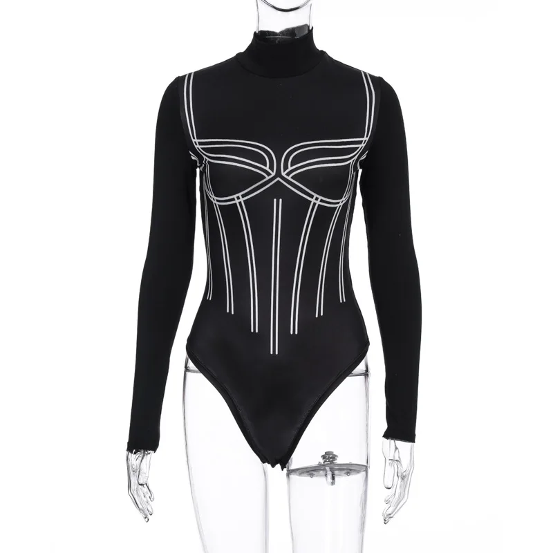 

2020 Autumn Women One Piece Jumpsuits Striped Patchwork Sexy Clubwear Long Sleeve Turtleneck Romper Y2k Bodysuit Fall Clothes