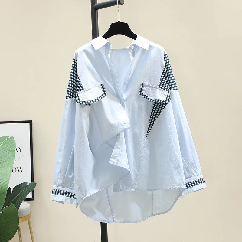 

SuperAen Blue Cotton and Hemp Autumn 2021 New Design Fashion Turn-down Collar Full Women Shirts