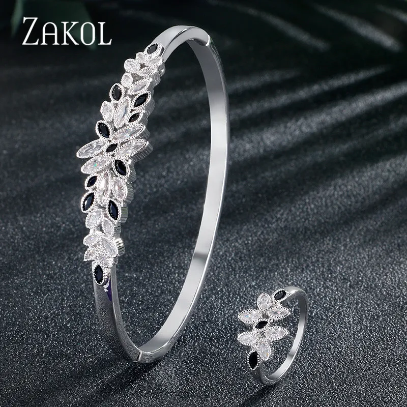 Black ZAKOL элегантный кубический цирконий бабочка свадебные ювелирные изделия браслет кольцо Набор для женщин Свадьба Ужин подарок на день рождения FSSP3114 - Окраска металла: Black