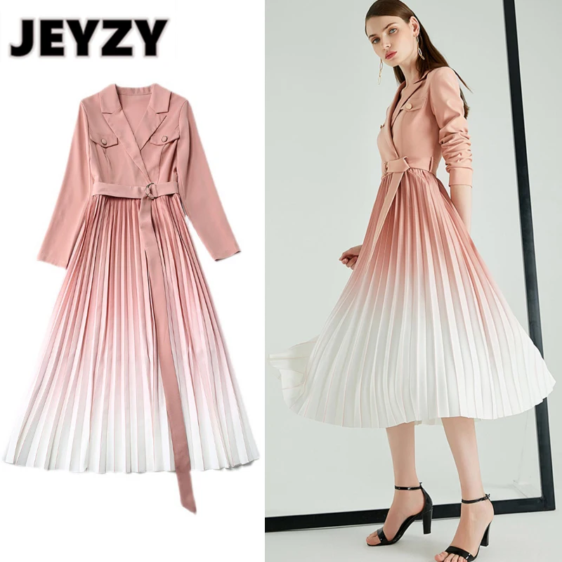 

Дизайнерское элегантное Плиссированное Платье-миди jeyzyдля подиума в стиле пэчворк с градиентным розовым отложным воротником, рабочая одеж...