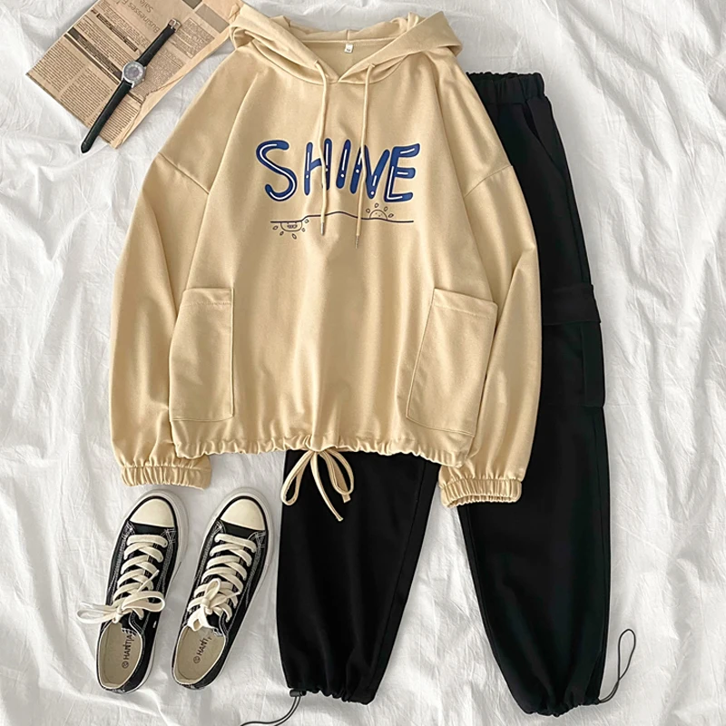 

Женский комплект из 2 предметов, толстовка с длинным рукавом и круглым вырезом, с надписью, повседневные свободные длинные штаны, спортивная...