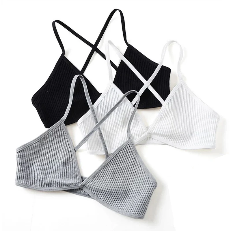 

Sexy Cotton Women Ribbed Top Bra Underwear Wireless Cross Back V Neck Bras Comfort Lady cotton bralette lingerie