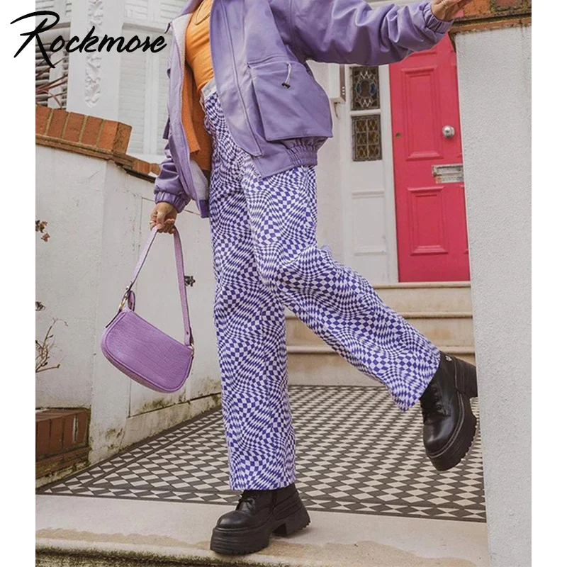 

Rockmore Vintage Plaid Cargo Pants High Waist Women'S 90s Streetwear Trousers Baggy Wide Leg Pants Y2K Purple Mom Pants Capris