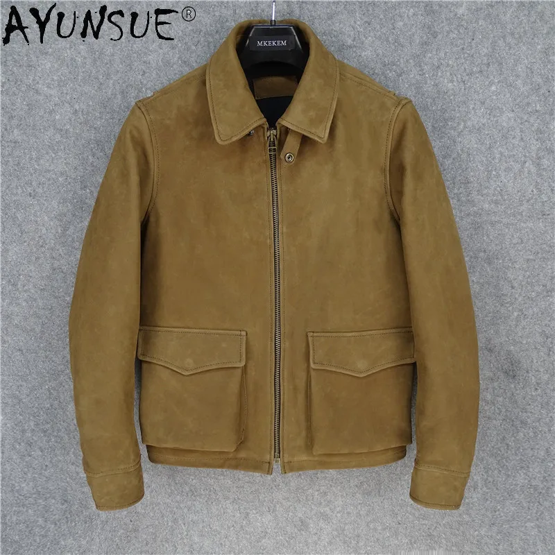 

AYUNSUE Men Jacket Autumn Coat Old Cowhide Genuine Leather Jackets Men's Clothing Flight Suit Retro Frosted Hommes Veste LXR499