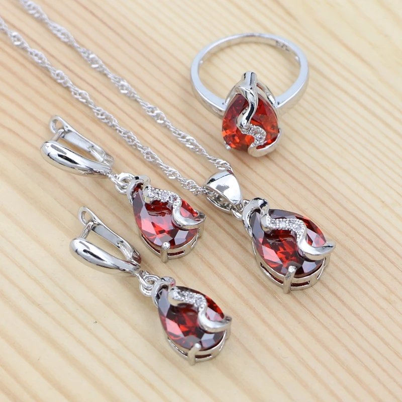 

925 Silver Bridal Jewelry Sets Ladies Red Cubic Zirconia White Crystal Pendant Necklace Ring Womens Drop Earrings