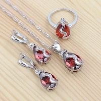 925 silver bridal jewelry sets ladies red cubic zirconia white crystal pendant necklace ring womens drop earrings
