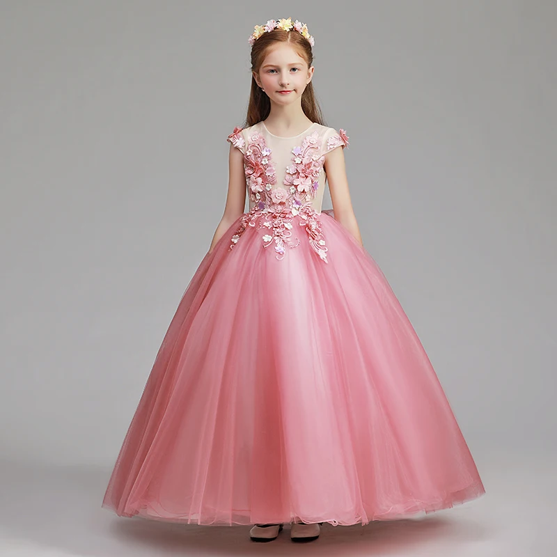 

Ball Gown O-Neck Empire Short Sleeves Floor-Length Appliques Tulle Kids Party Communion Dresses Girl Dresses For Weddings H142