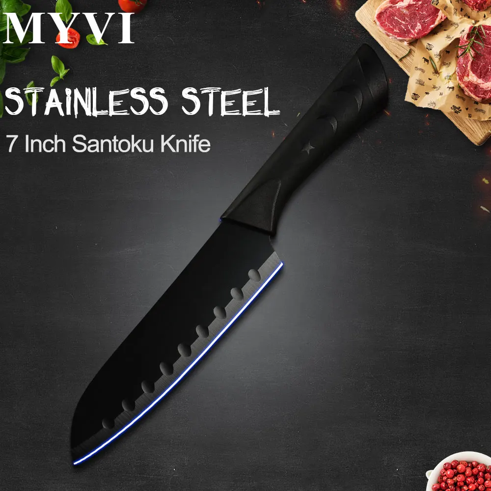 E.7 inch Santoku Черный нож из нержавеющей стали 6 шт. набор кухонных ножей Ультра острый нож шеф-повара Santoku нож для резки хлеба нож Прямая поставка - Цвет: E.7 inch Santoku